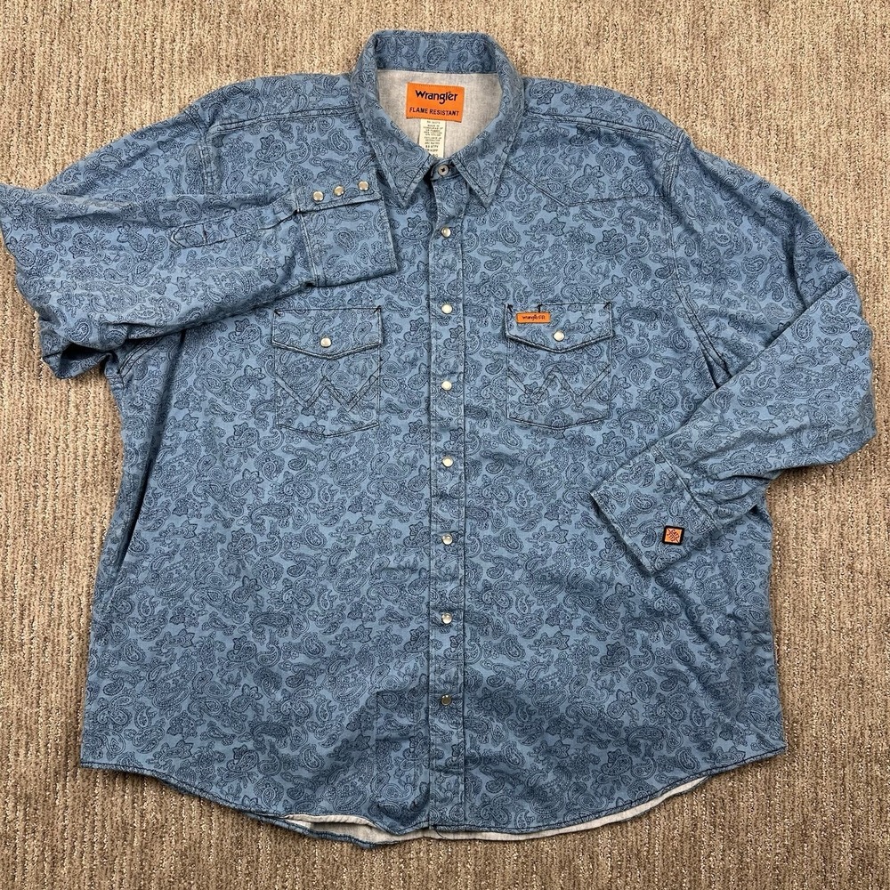 Wrangler FR Pearl Snap Shirt Mens 3XL-Big Paisley Blue AOP Flame Resistant CAT 2